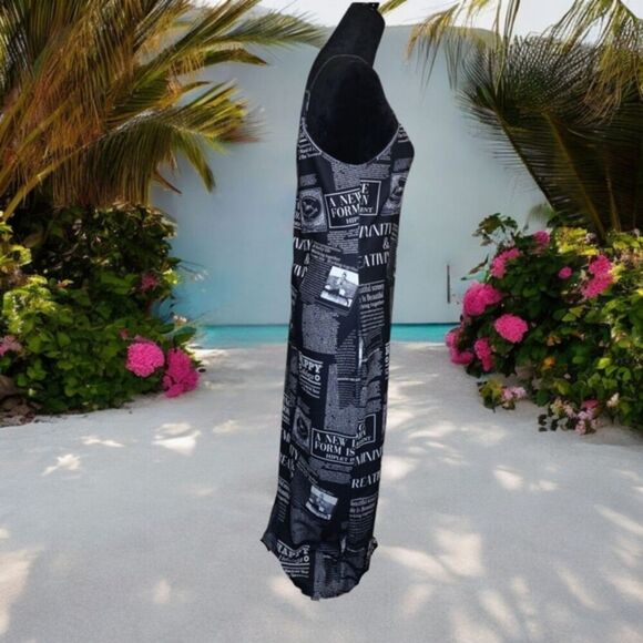 Mulvari Black & White Newspaper Print Bodycon Spaghetti Strap Maxi Dress XL! - Picture 7 of 15